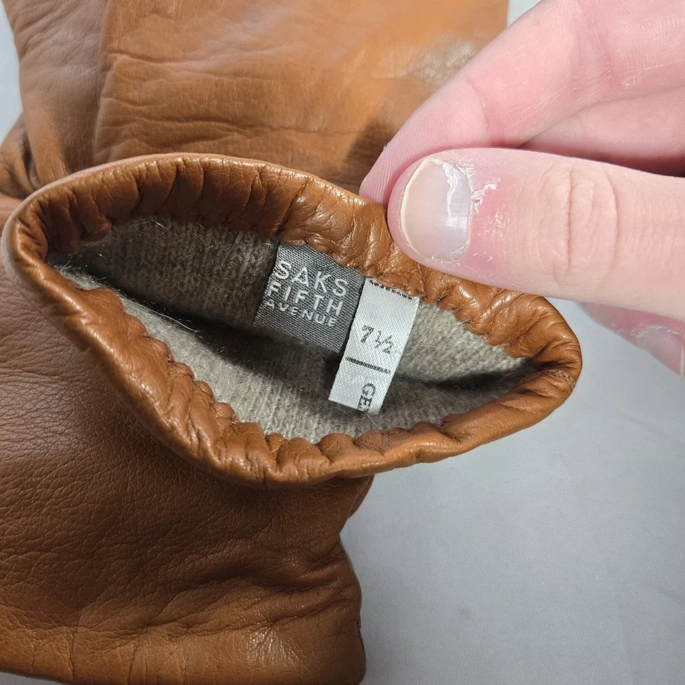 Vintage Saks Fifth Ave Womens 7.5 Brown Leather Glove Cashmere Lined Made Italy